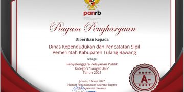 Disdukcapil Tulang Bawang Raih Penghargaan Lagi dari Kemenpan RB